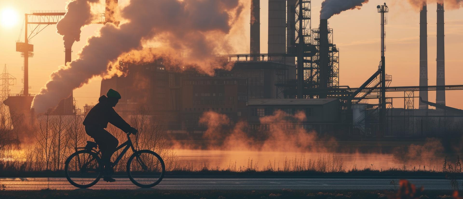 cyclist passing factory